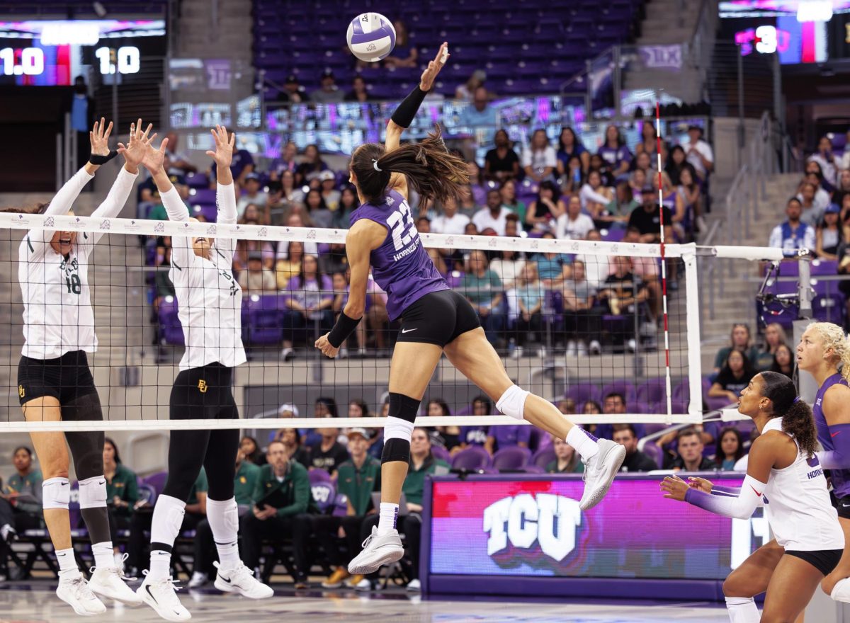 TCU outside hitter Melanie Parra goes up for the ball at Ed &amp; Rae Schollmaier Arena in Fort Worth, Texas on October 6th, 2024. (TCU360/Tyler Chan)