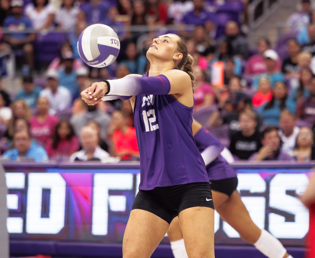 TCU setter Lily Nicholson hits the ball at Ed &amp; Rae Schollmaier Arena in Fort Worth, Texas on October 6th, 2024. (TCU360/Tyler Chan)