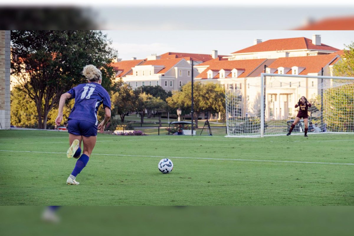 TCU defender Bella Diorio advances the ball in the opening match of the 2024 season at the Garvey-Rosenthal Soccer Stadium in Fort Worth, Texas.