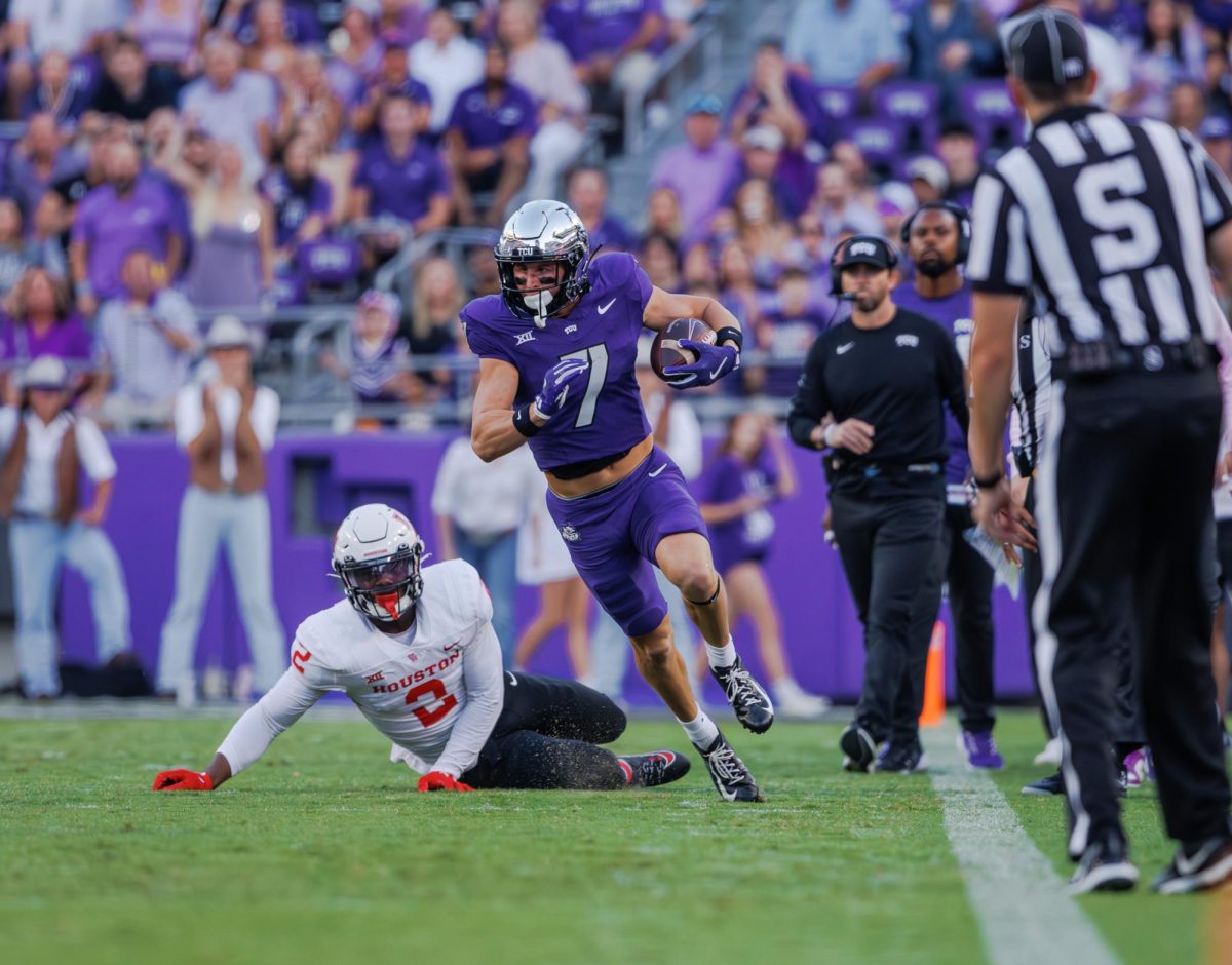 TCU wide receiver JP Richardson runs with the ball up field at Amon G. Carter Stadium in Fort Worth, Texas on October 4th, 2024. (TCU360/Tyler Chan)