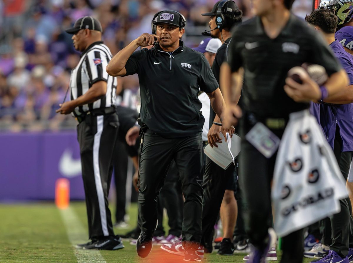 TCU defensive coordinator Andy Avalos walks down the sideline at Amon G. Carter Stadium in Fort Worth, Texas on October 4th, 2024. The TCU Horned Frogs fell to the Houston Cougars 19-31 (TCU360/Tyler Chan)