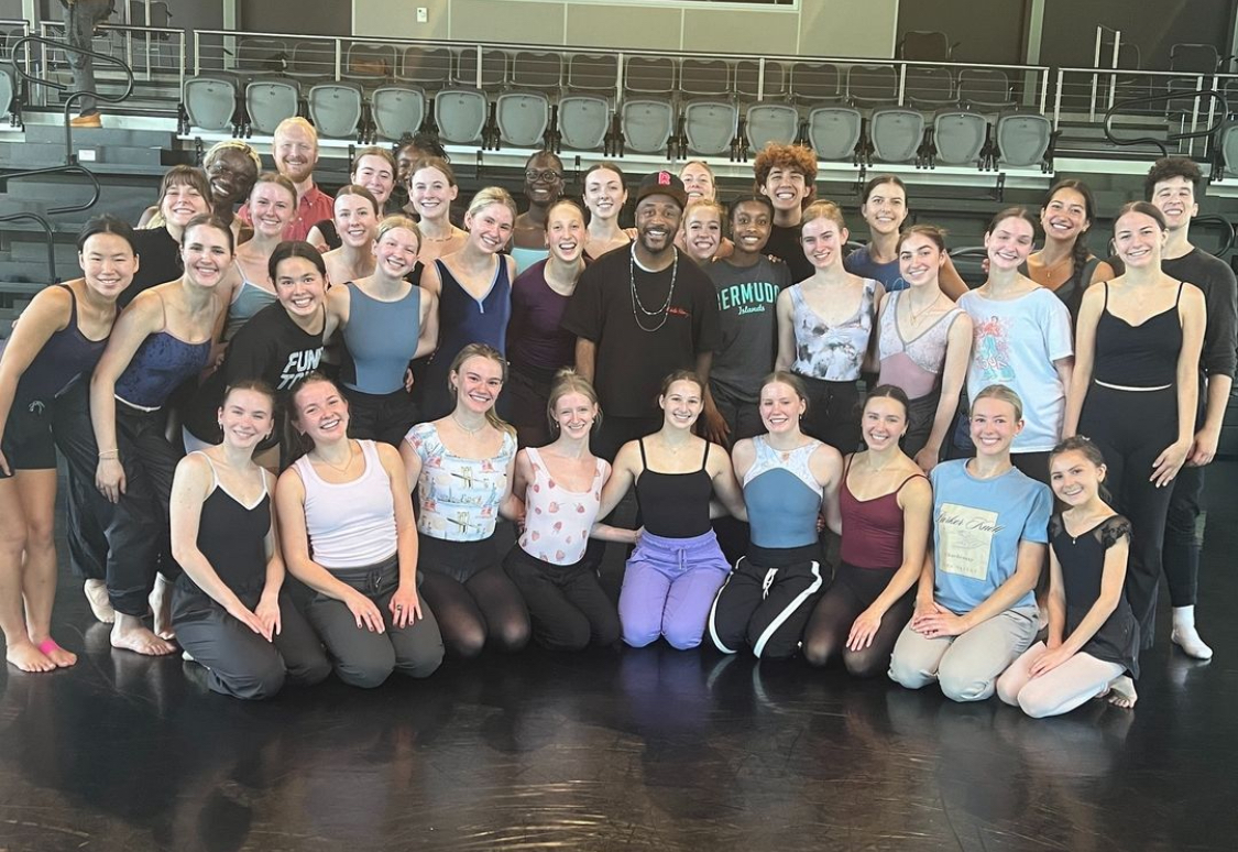 Dancers pose with Darrell Grand Moultrie after learning choreography that will be showcased at the Fall Concert (Courtesy of TCU SCCDance)