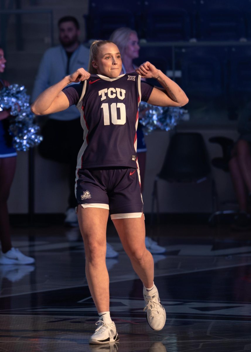 Hailey Van Lith shows off her TCU jersey at Schollmaier Live, Oct. 25, 2024.