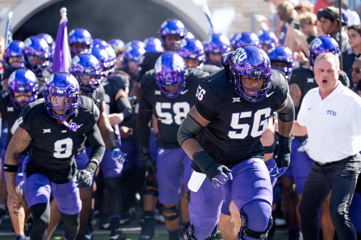 The TCU football team takes the field at Amon G. Carter Stadium, Oct. 26, 2024. TCU overcame a 17-point deficit to defeat Texas Tech 35-34. (TCU 360 Photo by Shane Manson)