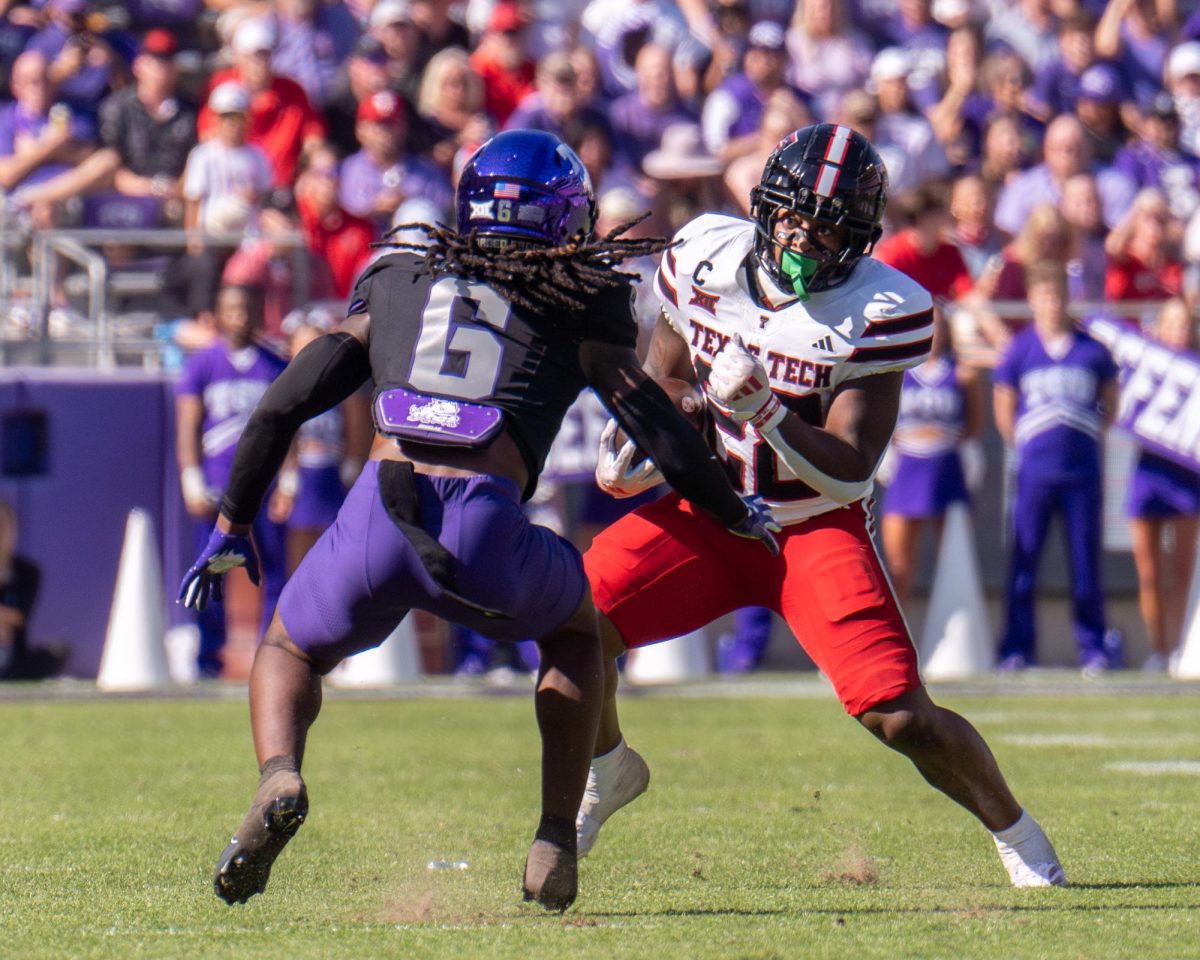 LaMareon James attempts a tackle at Amon G. Carter Stadium, Oct. 26, 2024. TCU overcame a 17-point deficit to defeat Texas Tech 35-34. (TCU 360 Photo by Shane Manson)