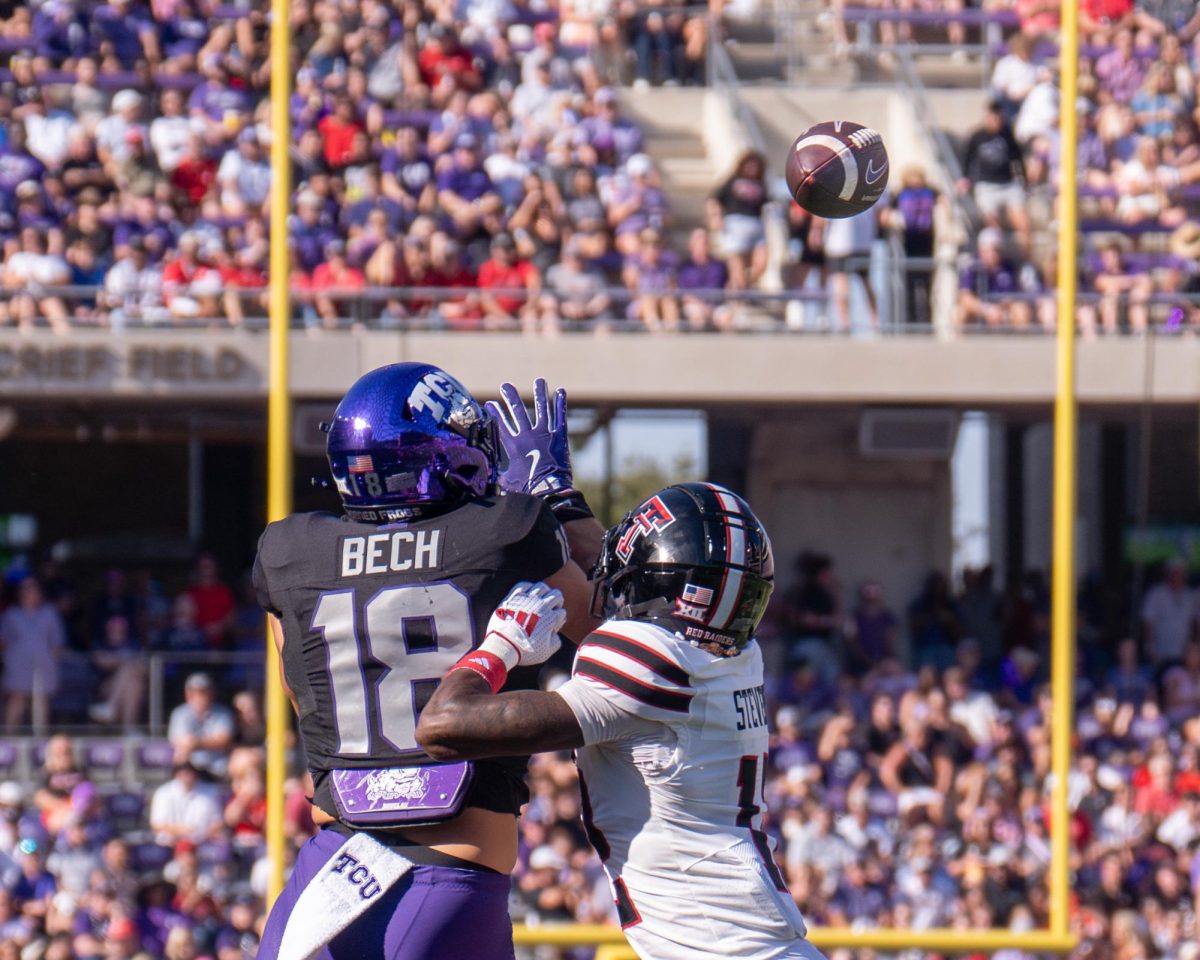 Jack Bech attempts a catch at Amon G. Carter Stadium, Oct. 26, 2024. TCU overcame a 17-point deficit to defeat Texas Tech 35-34. (TCU 360 Photo by Shane Manson)