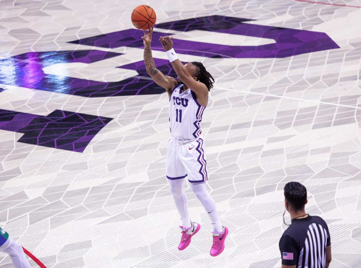 TCU guard Frankie Collins shoots a three pointer at Schollmaier Arena in Fort Worth, Texas on November 8th, 2024 (TCU360/ Tyler Chan)