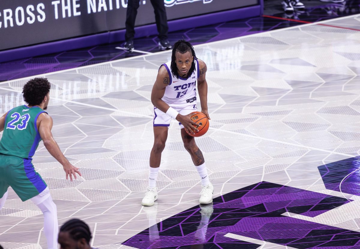 TCU forward Trazarien White looks for a teammate at Schollmaier Arena in Fort Worth, Texas on November 8th, 2024. The TCU Horned Frogs beat the Florida Gulf Coast Eagles 67-51. (TCU360/ Tyler Chan)