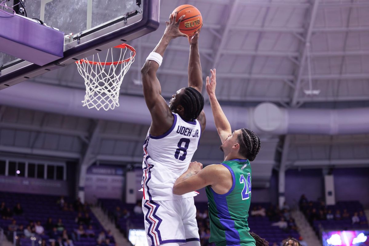 TCU center Ernest Udeh Jr. goes up for the alley oop at Schollmaier Arena in Fort Worth, Texas on November 8th, 2024. The TCU Horned Frogs beat the Florida Gulf Coast Eagles 67-51. (TCU360/ Tyler Chan)