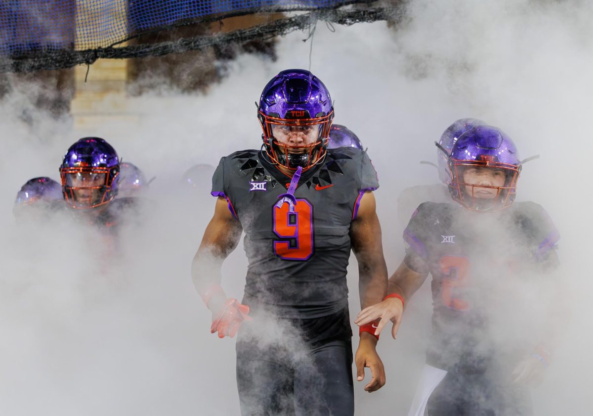 TCU tight end Drake Dabney comes out of the tunnel at Amon G. Carter Stadium in Fort Worth, Texas on November 9th, 2024. The TCU Horned Frogs beat the Oklahoma State Cowboys 38-13. (TCU360/ Tyler Chan)