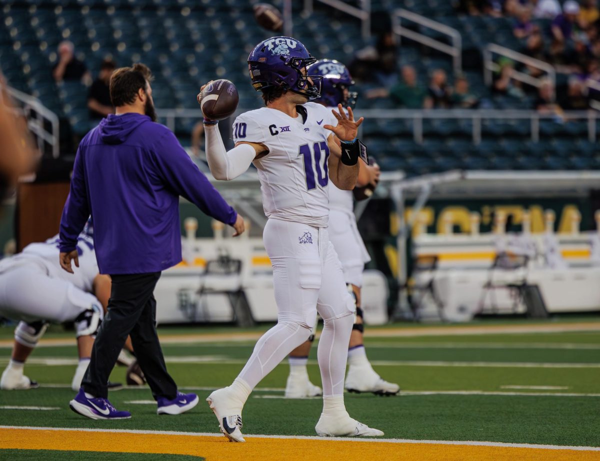 TCU quarterback throws the ball during warm ups at McLane Stadium in Waco, Texas on November 2nd, 2024. (TCU360/ Tyler Chan)