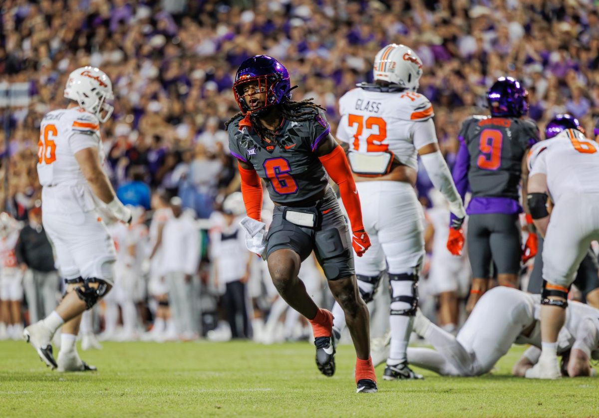 TCU cornerback LaMareon James celebrates after the play at Amon G. Carter Stadium in Fort Worth, Texas on November 9th, 2024. The TCU Horned Frogs beat the Oklahoma State Cowboys 38-13. (TCU360/ Tyler Chan)