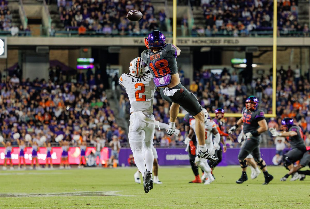 TCU wide receiver Jack Bech makes an attempt to catch the ball at Amon G. Carter Stadium in Fort Worth, Texas on November 9th, 2024. The TCU Horned Frogs beat the Oklahoma State Cowboys 38-13. (TCU360/ Tyler Chan)