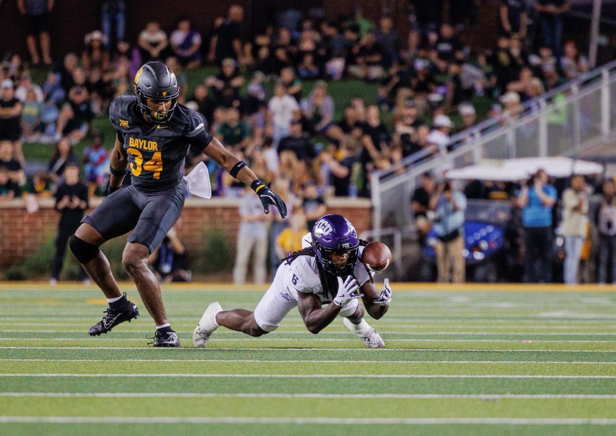 TCU cornerback LaMareon "Scud" James attempts to intercept the ball at McLane Stadium in Waco, Texas on November 2nd, 2024. The TCU Horned Frogs fell to the Baylor Bears 34-37.(TCU360/ Tyler Chan)