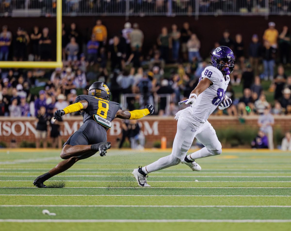 TCU wide receiver Eric McAlister moves past a defender at McLane Stadium in Waco, Texas on November 2nd, 2024. The TCU Horned Frogs fell to the Baylor Bears 34-37.(TCU360/ Tyler Chan)