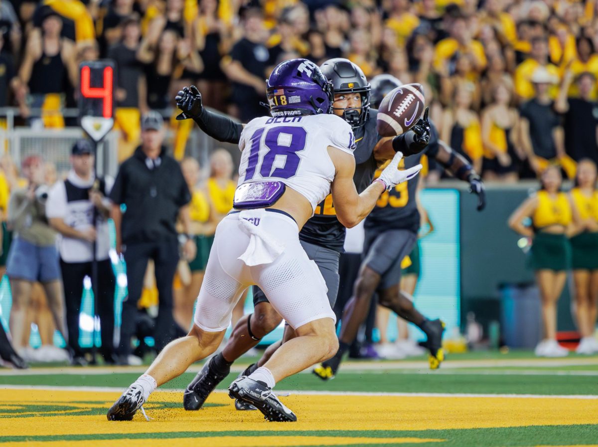 TCU wide receiver Jac Bech catches the ball in the end zone for a touchdown at McLane Stadium in Waco, Texas on November 2nd, 2024. The TCU Horned Frogs fell to the Baylor Bears 34-37.(TCU360/ Tyler Chan)