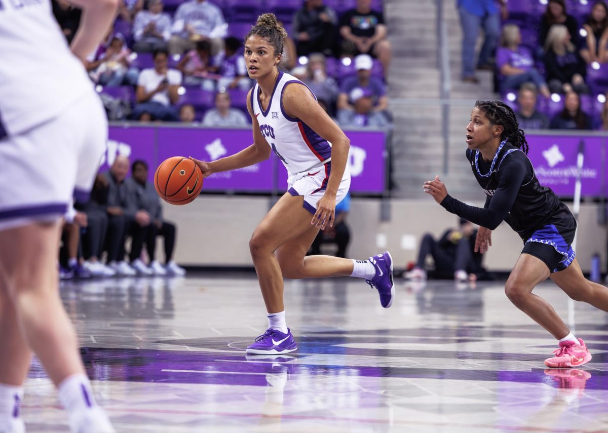 TCU guard Donovyn Hunter dribbles the ball up the court at Schollmaier Arena in Fort Worth, Texas on November 10th, 2024. (TCU360/Tyler Chan)