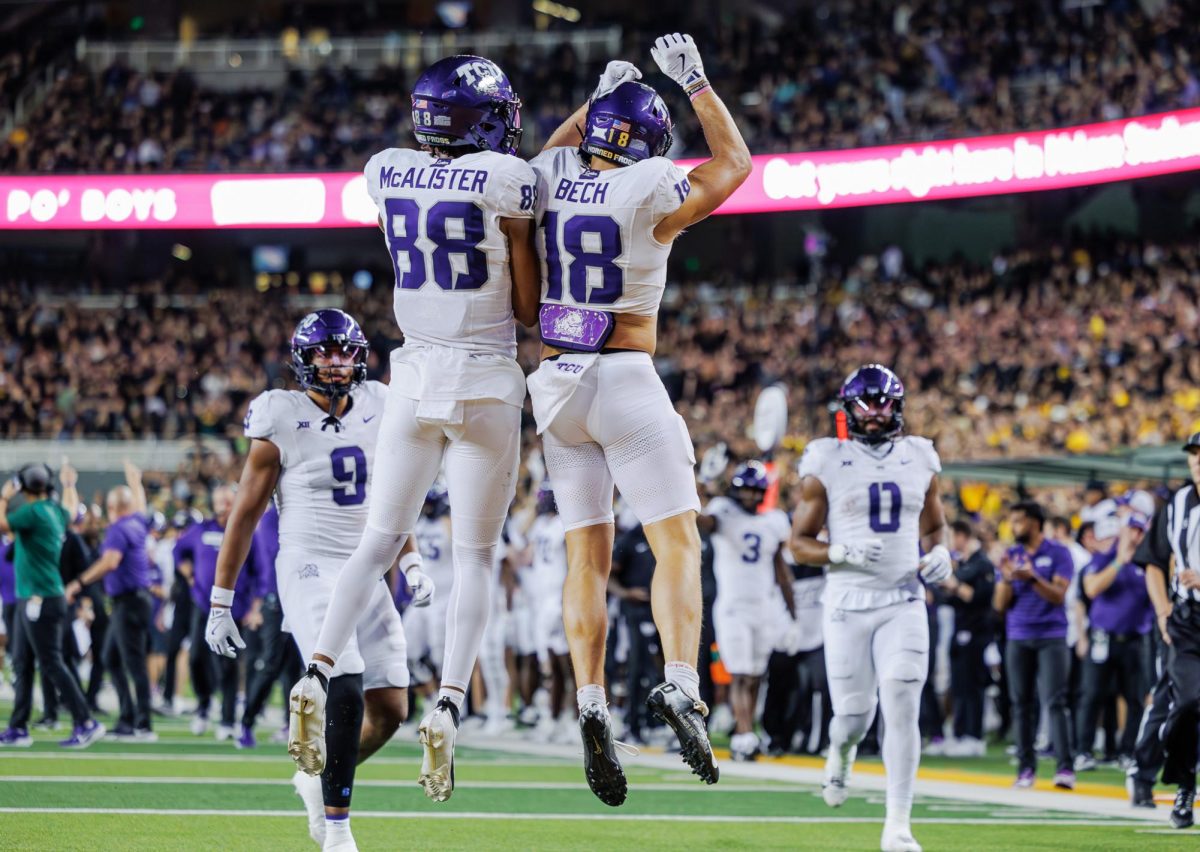 TCU wide receivers Eric McAlister and Jac Bech celebrate after a touchdown at McLane Stadium in Waco, Texas on November 2nd, 2024. The TCU Horned Frogs fell to the Baylor Bears 34-37.(TCU360/ Tyler Chan)