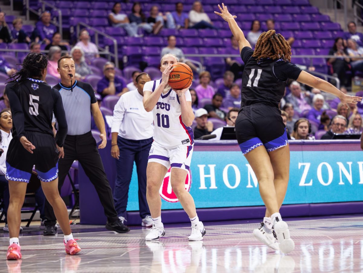 TCU guard Hailey Van Lith shoots a three pointer at Schollmaier Arena in Fort Worth, Texas on November 10th, 2024. The TCU Horned Frogs beat the New Orleans Privateers 107-52. (TCU360/Tyler Chan)