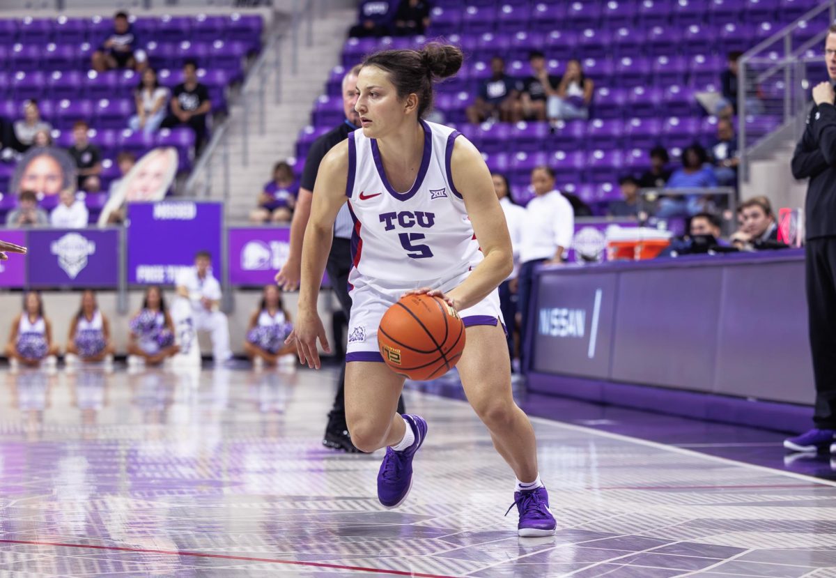 TCU guard Una Jovanovic drives towards the basket at Schollmaier Arena in Fort Worth, Texas on November 10th, 2024.The TCU Horned Frogs beat the New Orleans Privateers 107-52. (TCU360/Tyler Chan)