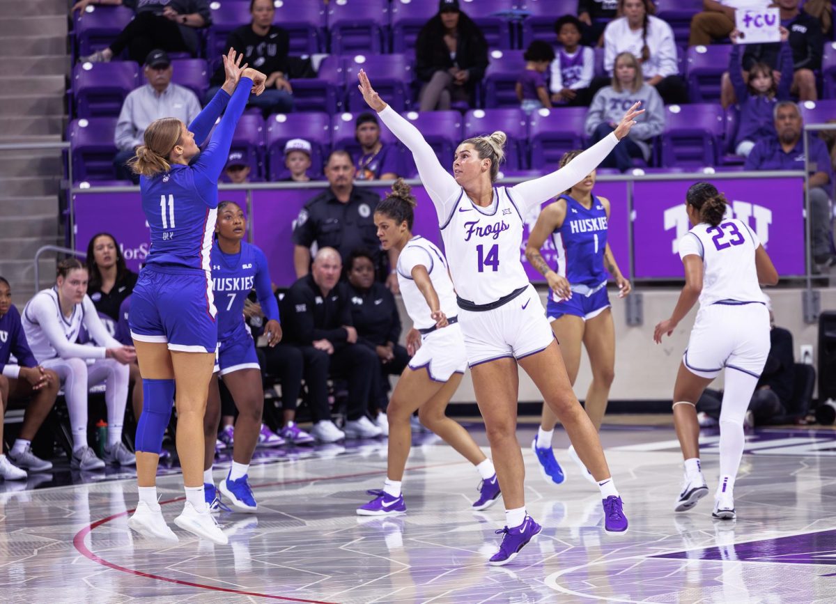 TCU center Natalie Mazurek defends a shot at Schollmaier aAena in Fort Worth, Texas on November 5th, 2024 (TCU360/Tyler Chan)