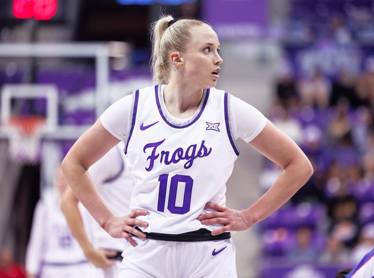 TCU guard Hailey Van Lith looks towards the bench at Schollmaier Arena in Fort Worth, Texas on November 5th, 2024. The TCU Horned Frogs beat the Houston Christian Huskies 78-41.(TCU360/Tyler Chan)