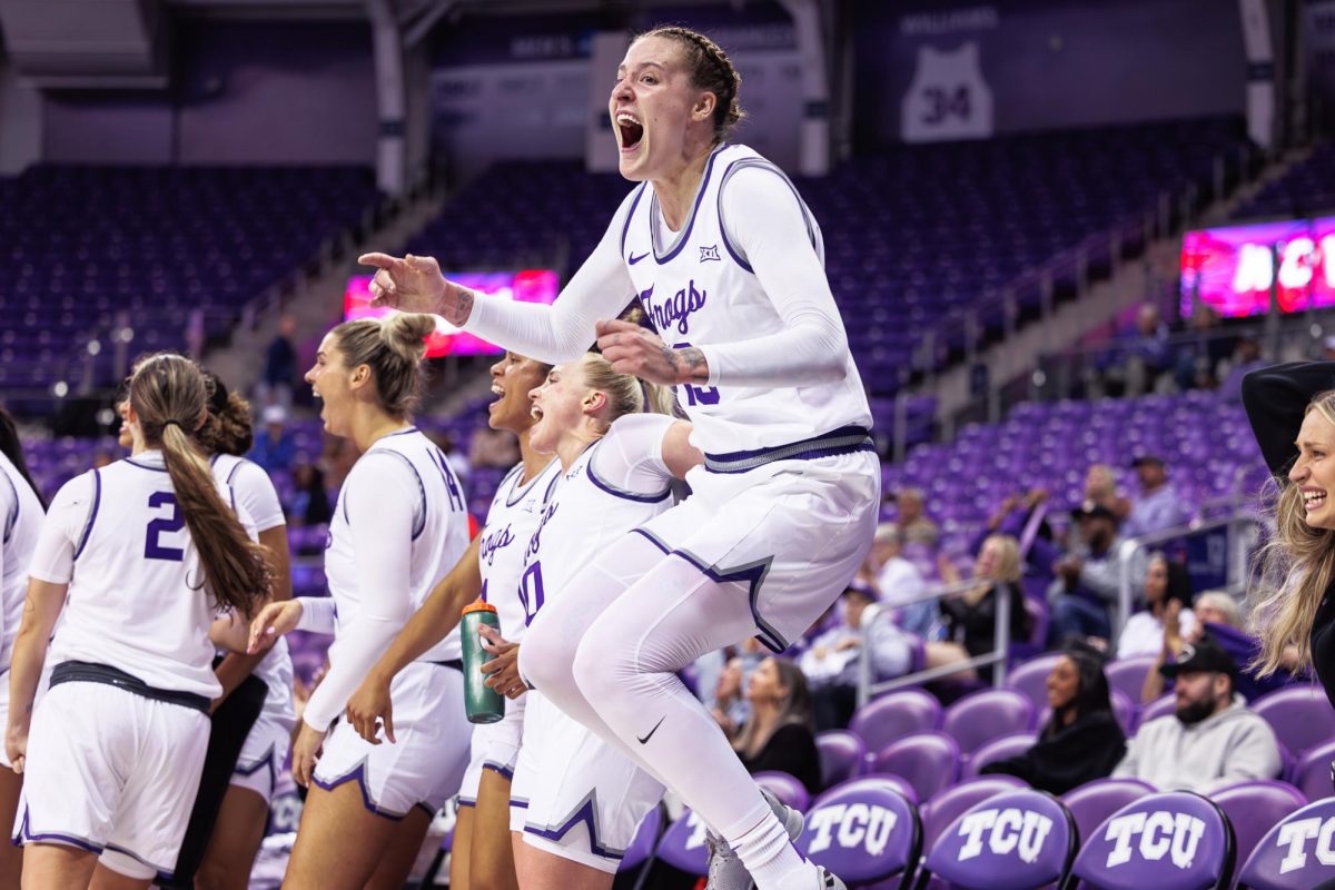 TCU center Sedona Prince celebrates after a basket at Schollmaier Arena in Fort Worth, Texas on November 5th, 2024. The TCU Horned Frogs beat the Houston Christian Huskies 78-41.(TCU360/Tyler Chan)