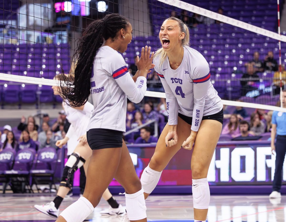 TCU middle blocker Sarah Sylvester celebrates after the point at Schollmaier Arena in Fort Worth, Texas on November 7th, 2024. The TCU Horned Frogs swept the UCF Knights 3-0. (TCU360/ Tyler Chan)