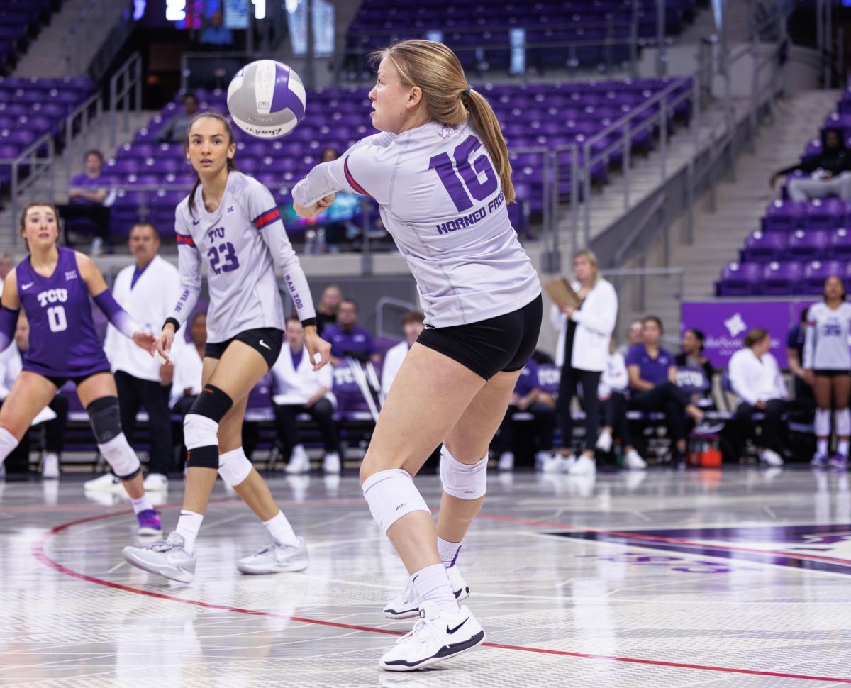 TCU defensive specialist Jaylen Clark hits the ball at Schollmaier Arena in Fort Worth, Texas on November 7th, 2024. The TCU Horned Frogs swept the UCF Knights 3-0. (TCU360/ Tyler Chan)