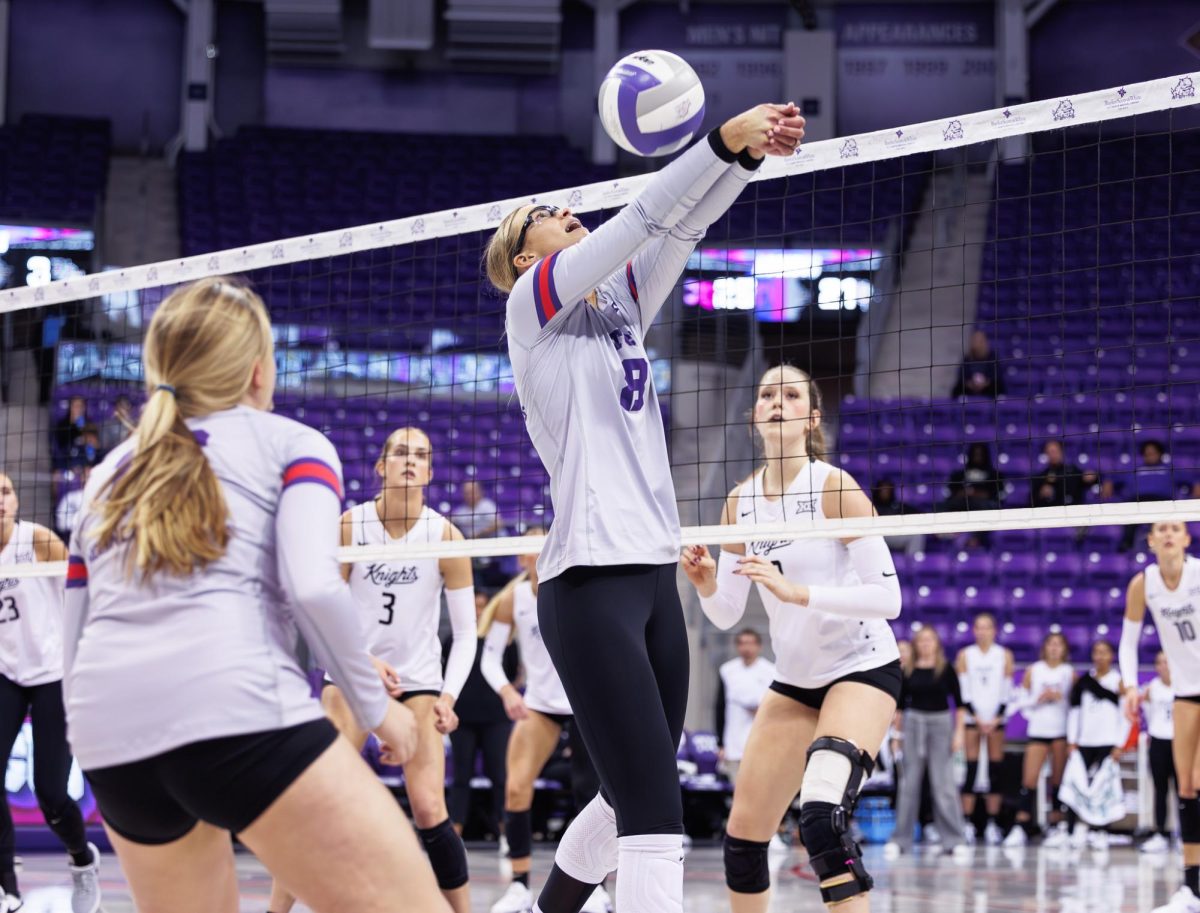 TCU setter Stephanie Young hits the balla t Schollmaier Arena in Fort Worth, Texas on November 7th, 2024. The TCU Horned Frogs swept the UCF Knights 3-0. (TCU360/ Tyler Chan)