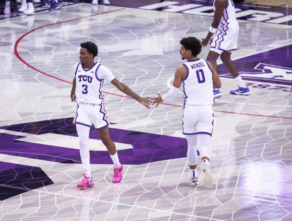 TCU players Brendan Wenzel and Vasean Allette high five after the play at Schollmaier Arena in Fort Worth, Texas on November 8th, 2024 (TCU360/ Tyler Chan)