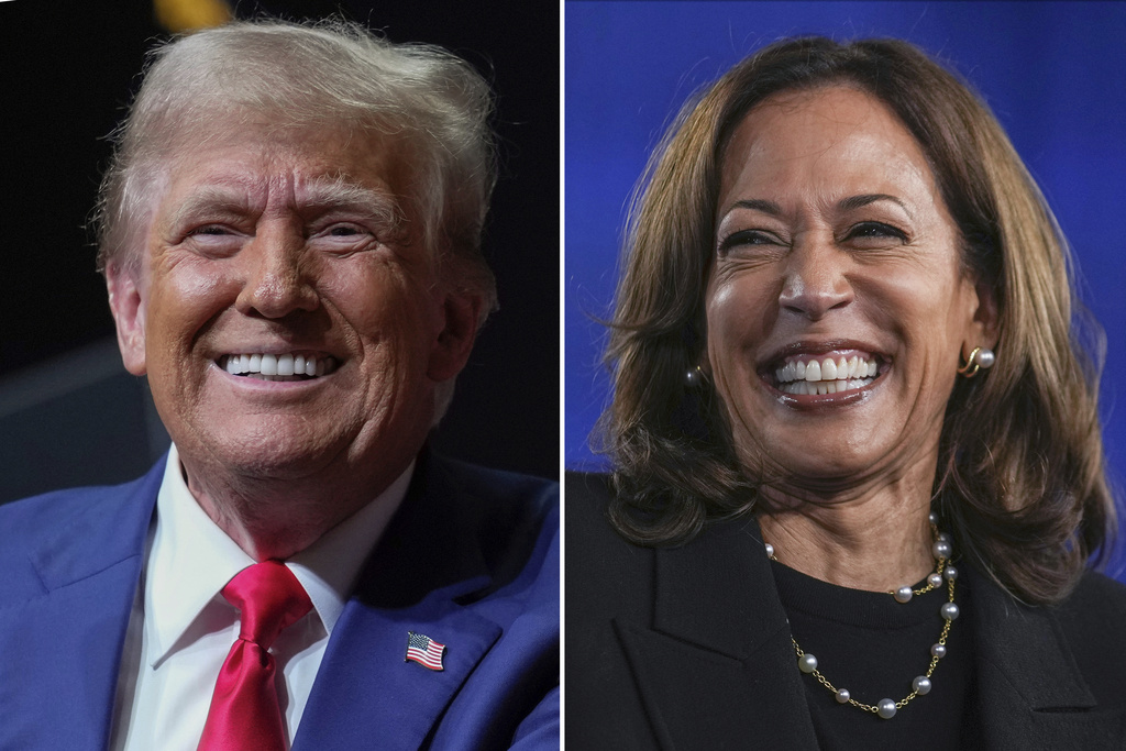 This combination of file photos shows Republican presidential nominee former President Donald Trump speaking a campaign rally in Asheville, N.C., on Aug. 14, 2024, and Democratic presidential nominee Vice President Kamala Harris, left, speaking at a campaign event in Harrisburg, Pa, on Oct. 30, 2024. (AP Photo/Matt Rourke)