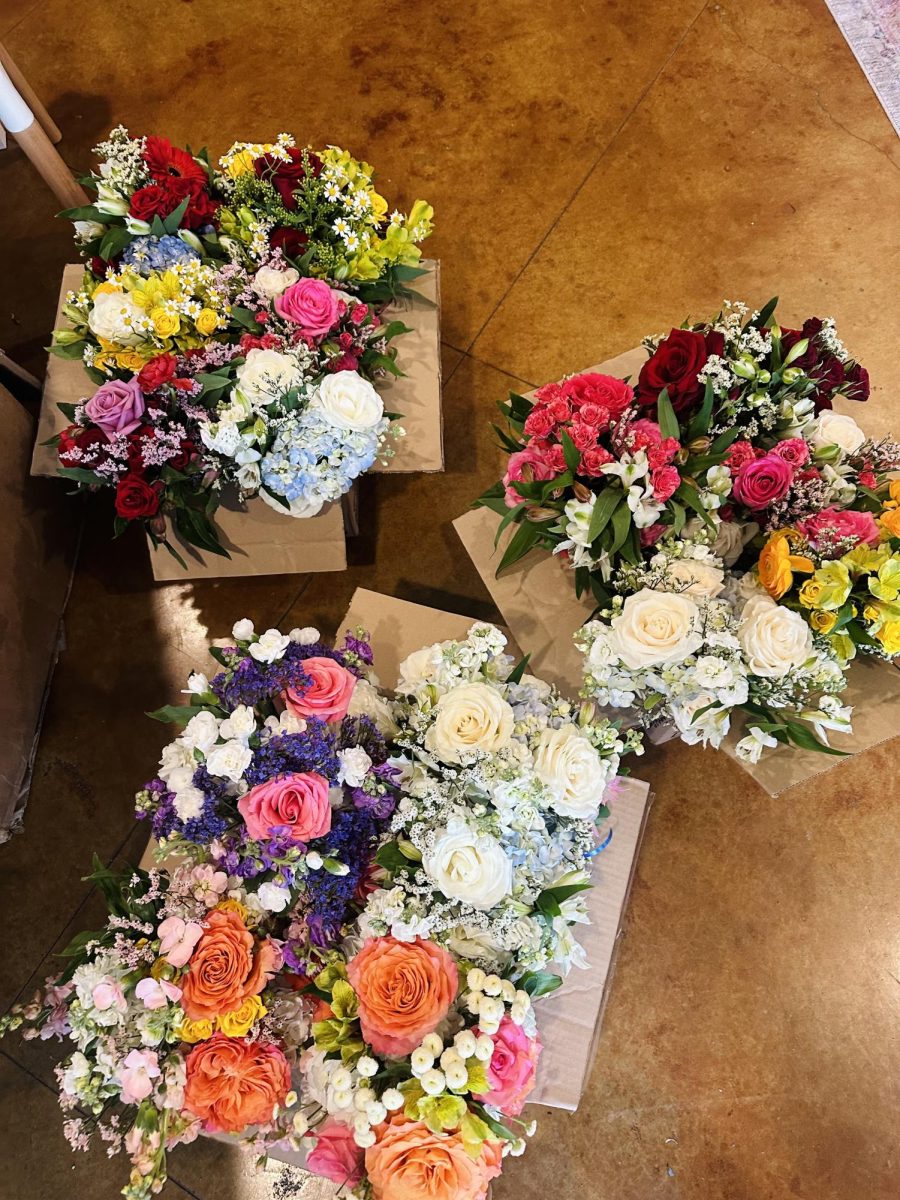 Floral arrangements ready to be delivered.