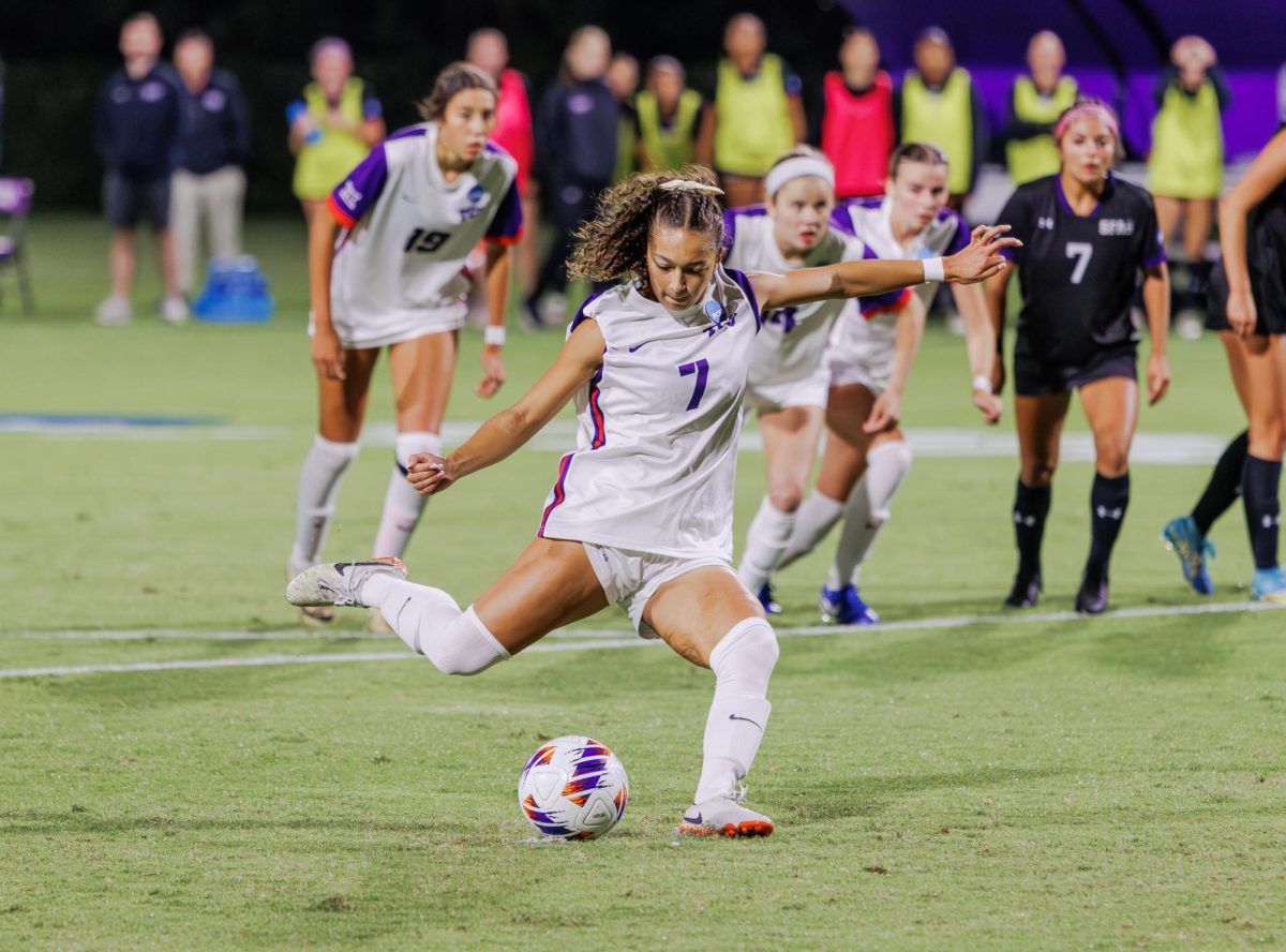 TCU forward Seven Castain attempts a penalty kick at Garvey-Rosenthal Stadium in Fort Worth, Texas on November 15th, 2024. (TCU360/Tyler Chan)