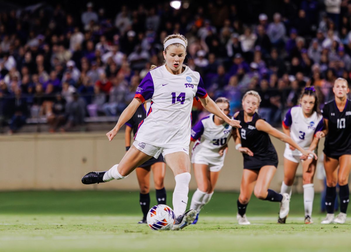 TCU forward Caroline Kelly kicks a penalty kick at Garvey-Rosenthal Stadium in Fort Worth, Texas on November 15th, 2024. The TCU Horned Frogs beat Stephen F. Austin 1-0. (TCU360/Tyler Chan)