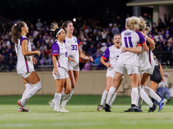 TCU soccer players celebrate after a goal at Garvey-Rosenthal Stadium in Fort Worth, Texas on November 15th, 2024. The TCU Horned Frogs beat Stephen F. Austin 1-0. (TCU360/Tyler Chan)