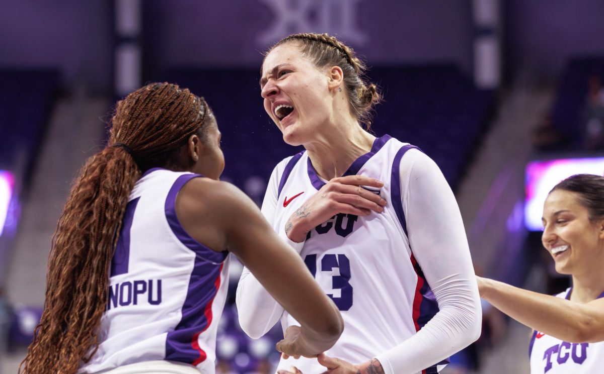 TCU center Sedona Prince celebrates after making a shot in the Schollmaier Arena in Fort Worth, Texas. (TCU360/Tyler Chan)