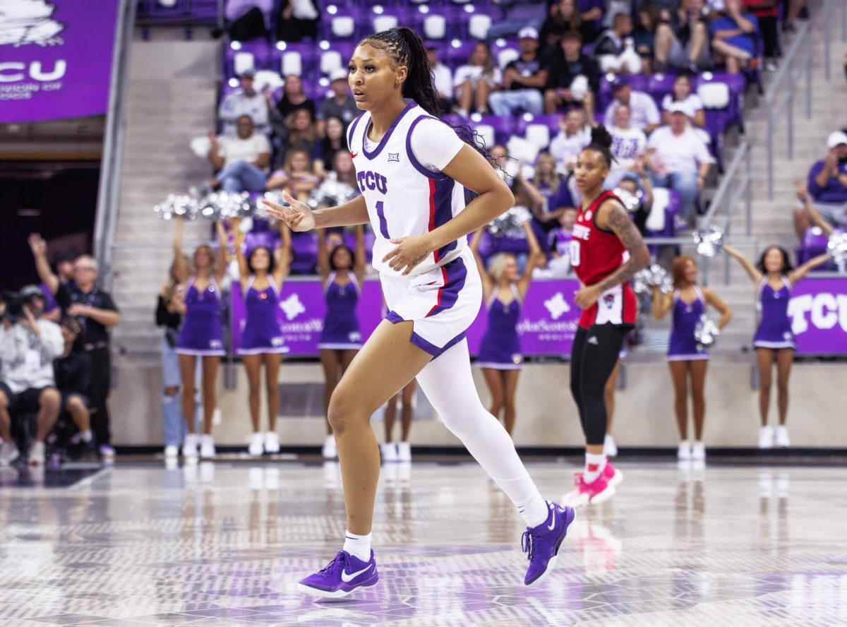 TCU guard Taylor Bigby celebrates after making a three pointer at Schollmaier Arena in Fort Worth, Texas on Nov. 17, 2024. The TCU Horned Frogs beat the NC State Wolfpack 76-73. (TCU360/Tyler Chan)