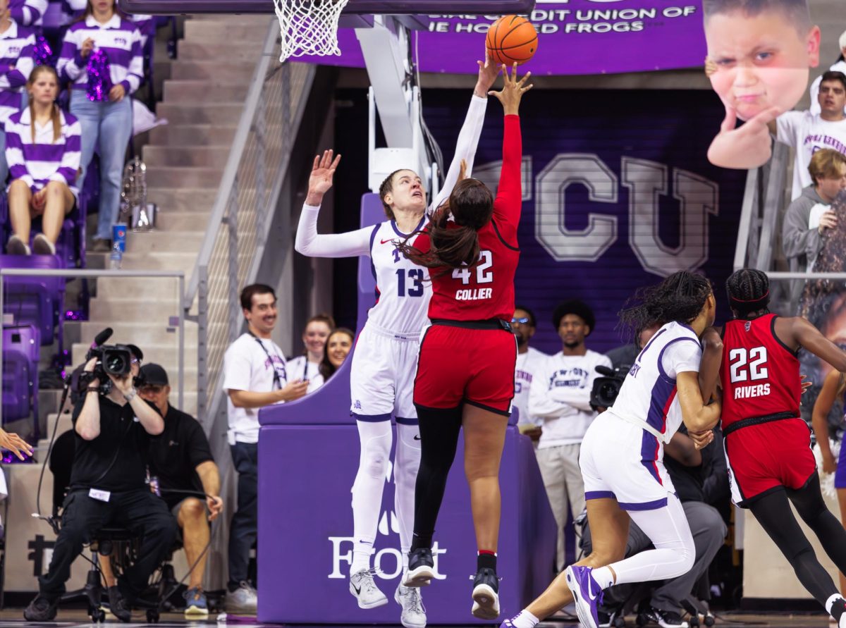 TCU center Sedona Prince blocks a shot at Schollmaier Arena in Fort Worth, Texas on November 17th, 2024. The TCU Horned Frogs beat the NC State Wolfpack 76-73. (TCU360/Tyler Chan)