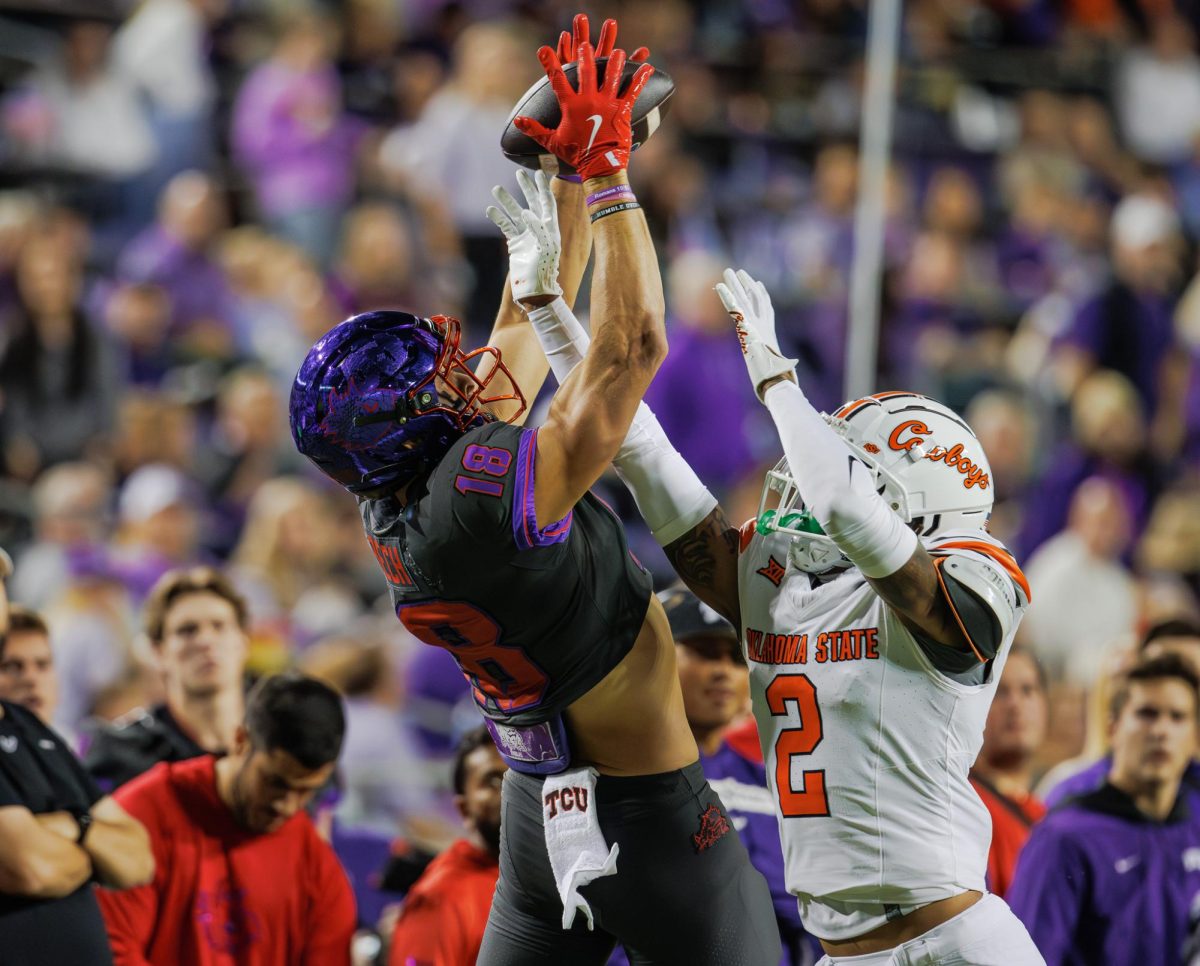 TCU wide receiver goes up to make the catch at Amon G. Carter Stadium in Fort Worth, Texas on November 9th, 2024. (TCU360/ Tyler Chan)