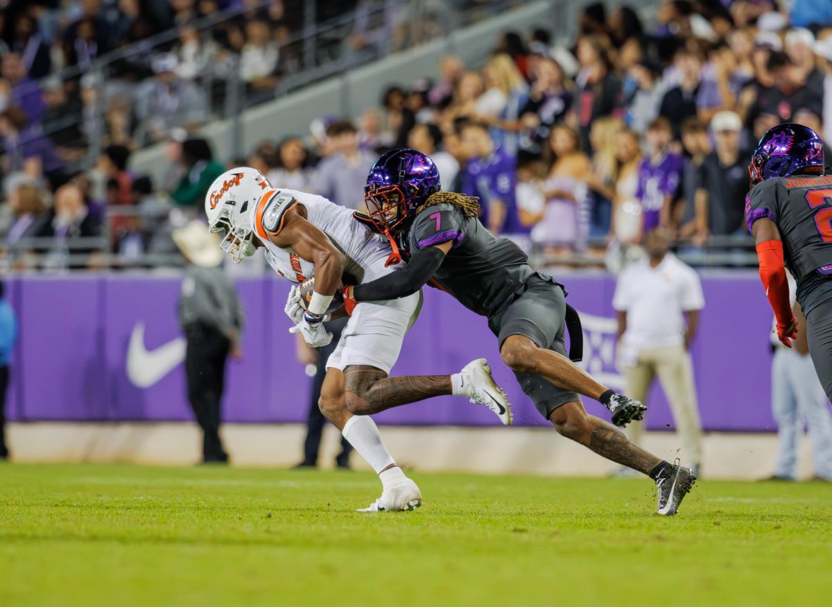 TCU cornerback Channing Canada makes a tackle at Amon G. Carter Stadium in Fort Worth, Texas on November 9th, 2024. (TCU360/ Tyler Chan)