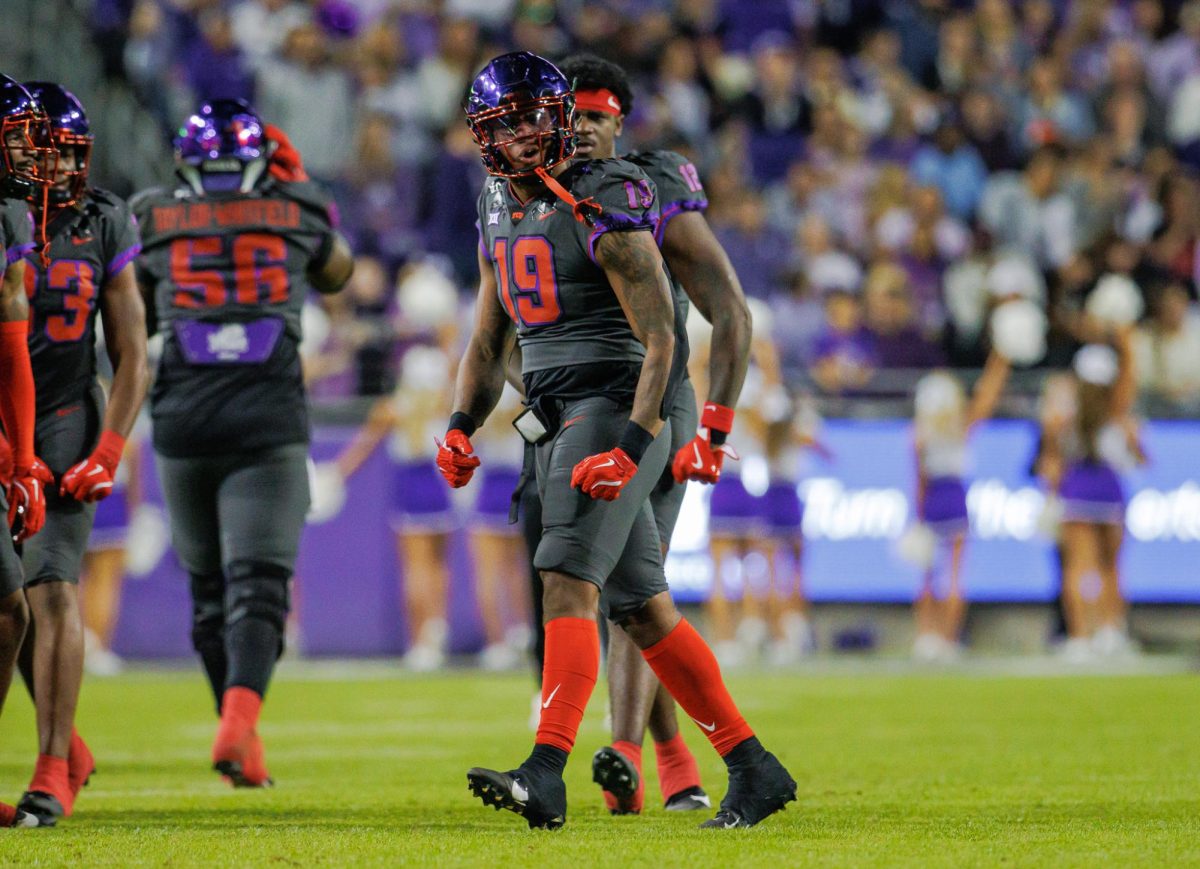 TCU linebacker Jonathan Bax celebrates after the play at Amon G. Carter Stadium in Fort Worth, Texas on November 9th, 2024. (TCU360/ Tyler Chan)