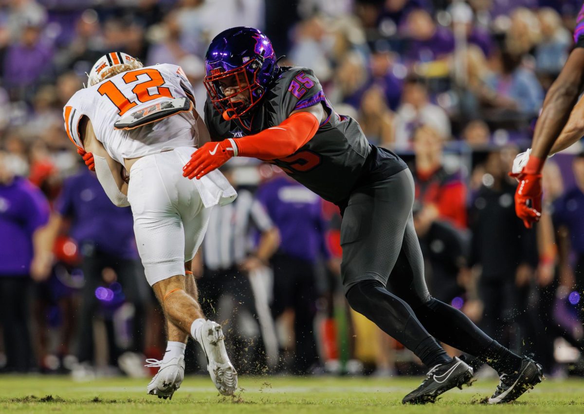 TCU safety Jaise Oliver makes a tackle at Amon G. Carter Stadium in Fort Worth, Texas on November 9th, 2024. The TCU Horned Frogs beat the Oklahoma State Cowboys 38-13. (TCU360/ Tyler Chan)