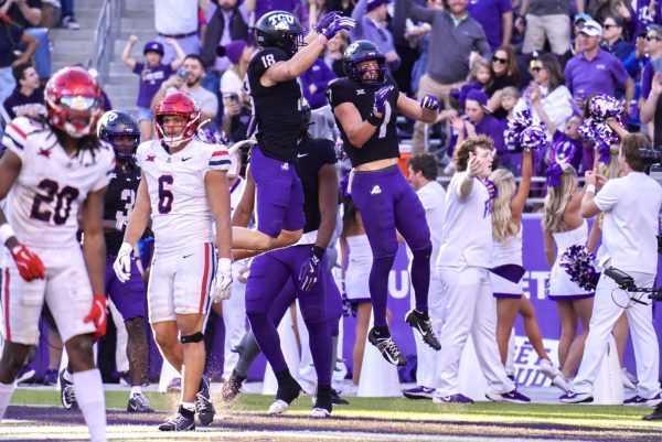 TCU players celebrating after a touchdown against the Arizona Wildcats on Nov. 23, 2024. (Shane Manson/ Staff Photographer)