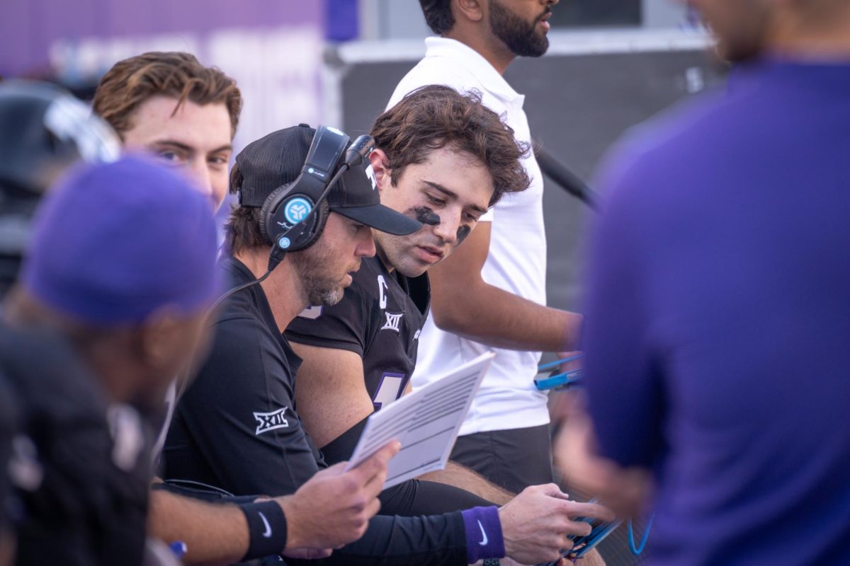 Josh Hoover talks to staff at Amon G. Carter Stadium, Nov. 23, 2024. The TCU Horned Frogs beat the Arizona Wildcats 49-28. (TCU 360 Photo by Shane Manson)