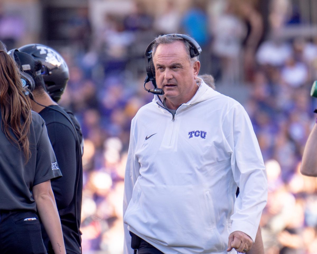 Coach Sonny Dykes walks down the sideline at Amon G. Carter Stadium, Nov. 23, 2024. The TCU Horned Frogs beat the Arizona Wildcats 49-28. (TCU 360 Photo by Shane Manson)