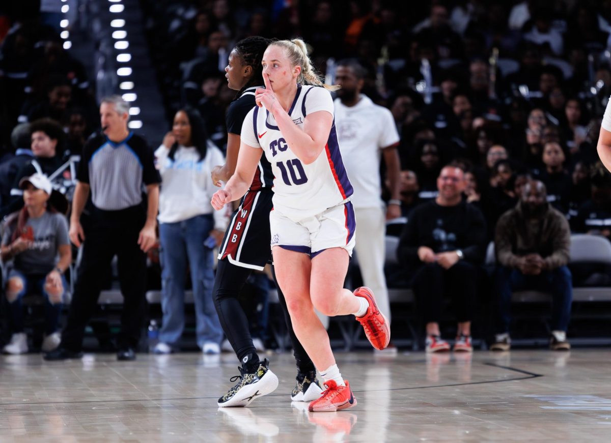 TCU guard Hailey Van Lith silences the crowd at Dickies Arena in Fort Worth, Texas, Dec. 8th 2024. The TCU Horned Frogs fell to the South Carolina Gamecocks 52-85. (TCU360/ Tyler Chan)