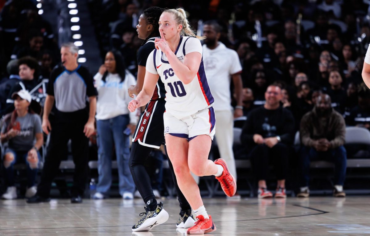 TCU guard Hailey Van Lith silences the crowd at Dickies Arena in Fort Worth, Texas, Dec. 8th 2024. The TCU Horned Frogs fell to the South Carolina Gamecocks 52-85. (TCU360/ Tyler Chan)