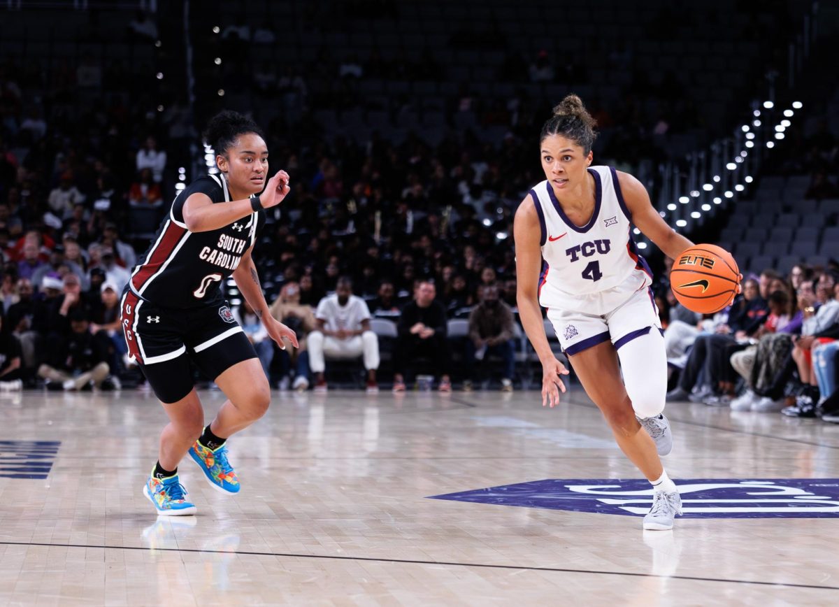 TCU guard Hailey Van Lith silences the crowd at Dickies Arena in Fort Worth, Texas, Dec. 8th 2024. The TCU Horned Frogs fell to the South Carolina Gamecocks 52-85. (TCU360/ Tyler Chan)