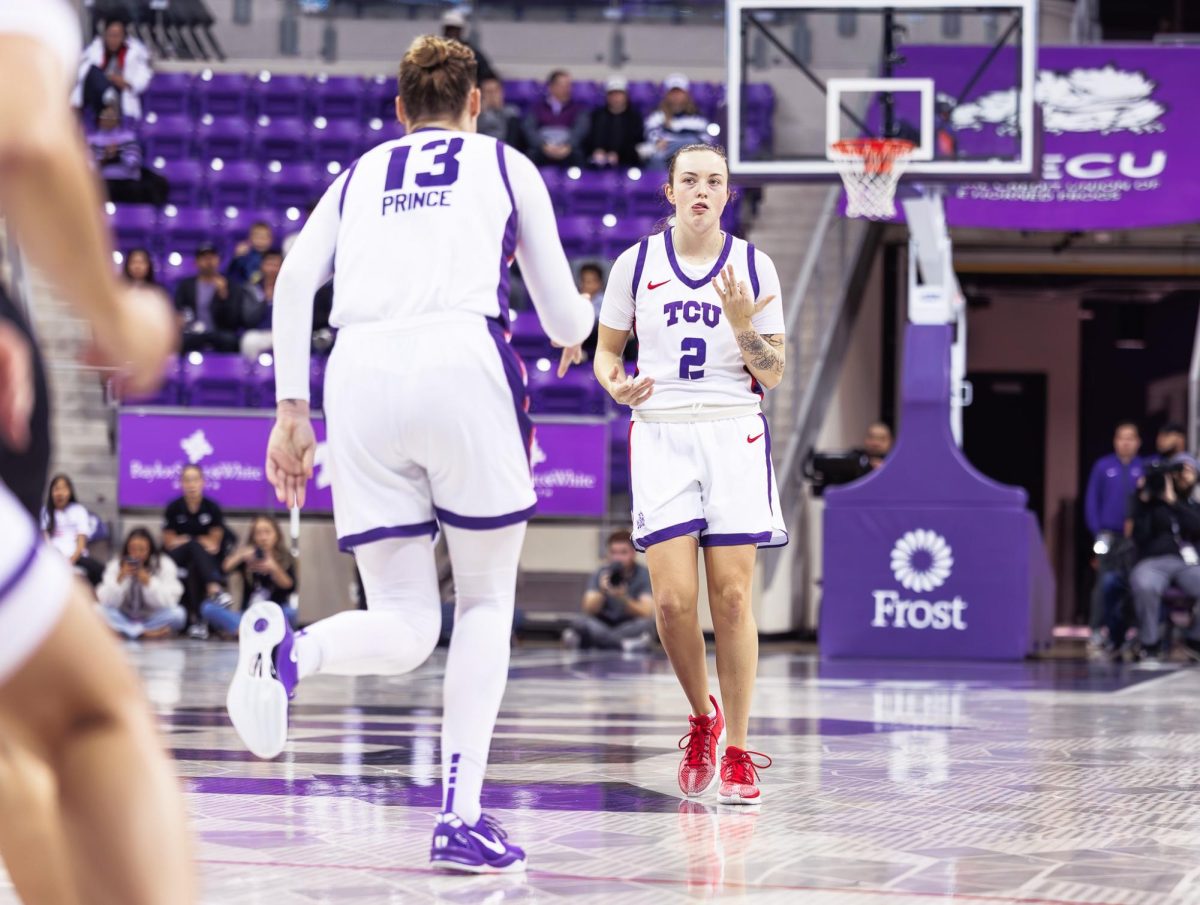 TCU guard Madison Conner celebrates after making a three-pointer at Schollmaier Arena in Fort Worth, Texas, Dec. 4th, 2024. The TCU Horned Frogs beat the Florida Atlantic Owls 78-42. (TCU360/Tyler Chan)